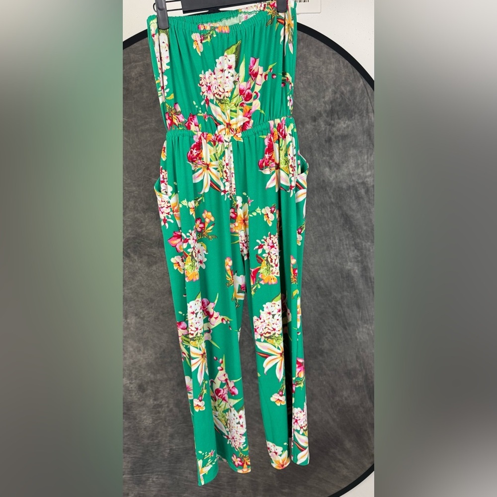 Express Strapless Floral Jumpsuit | Tie Waist Belted | Green | XS - Picture 4 of 8